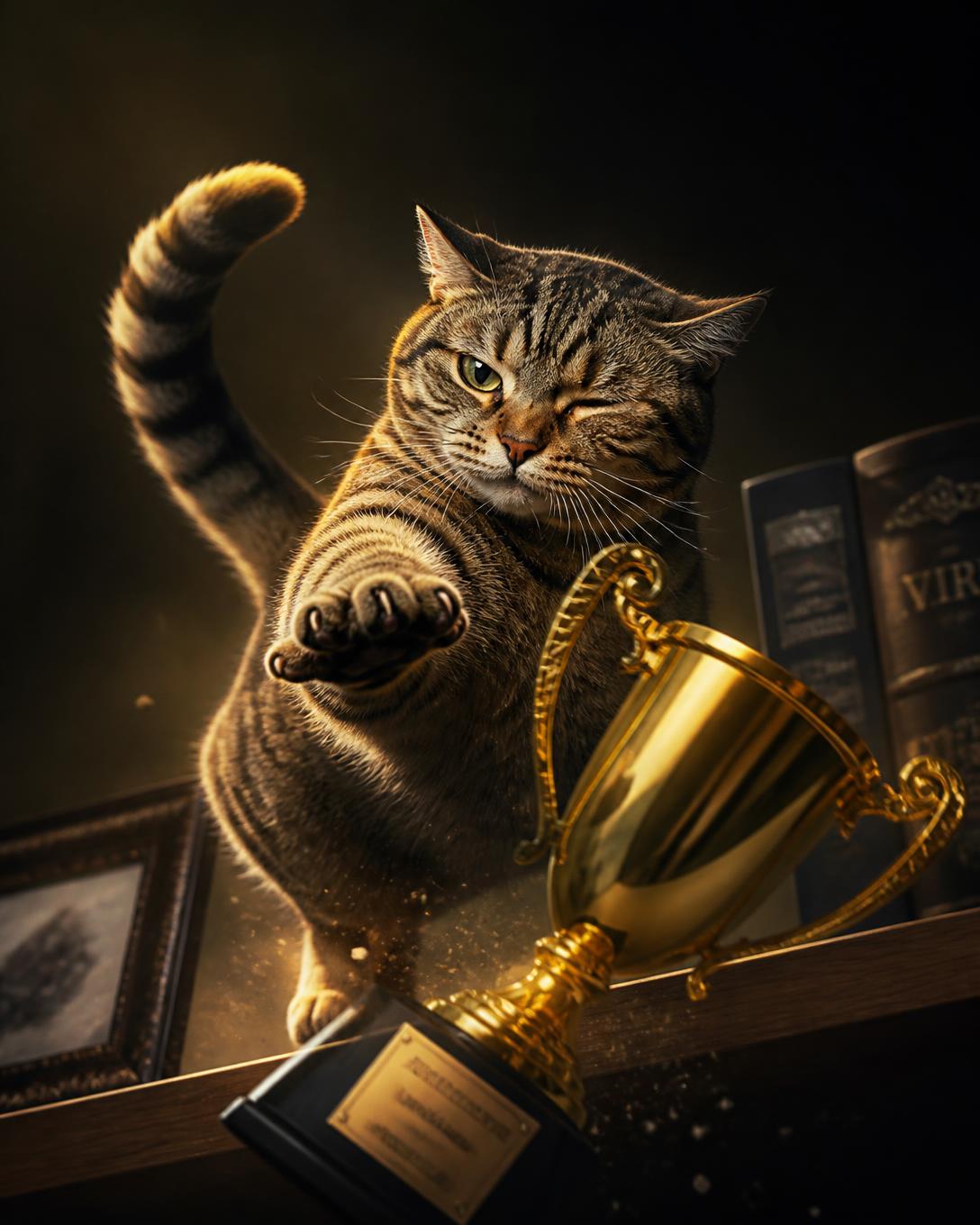 A sassy tabby cat knocking a golden trophy off a shelf